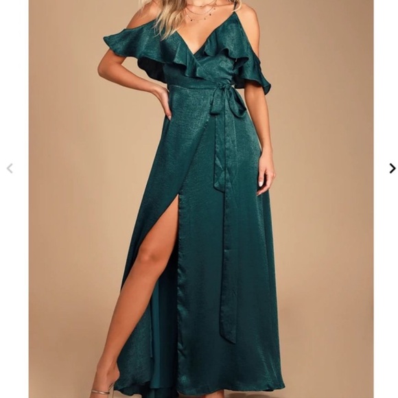 NWT Lulu’s Moriah Emerald Green Satin Wrap Maxi Dress - Picture 5 of 10